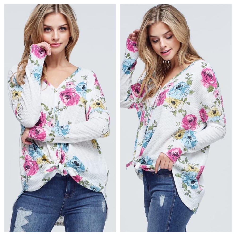 White floral waffle button down